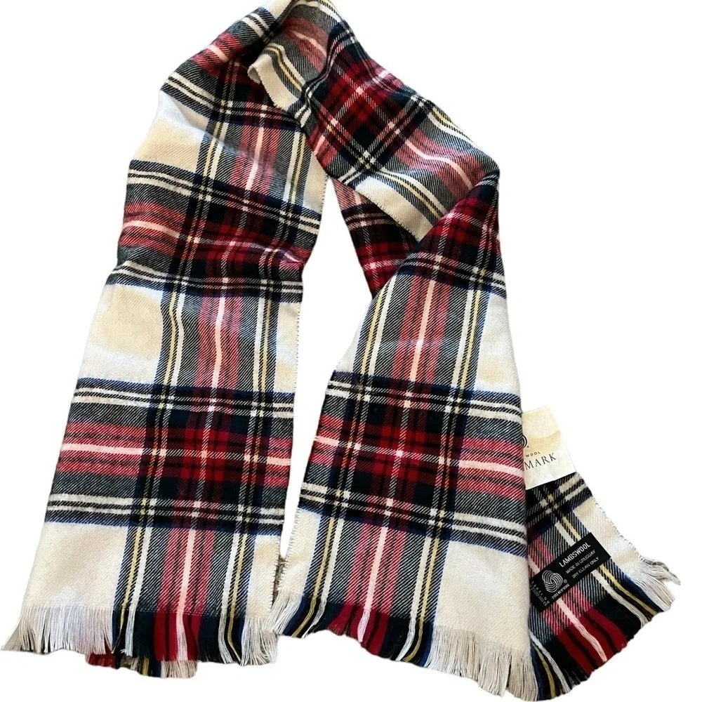 NWT Woolmark 100% Lambswool Scottish Plaid Scarf, Cream / Red